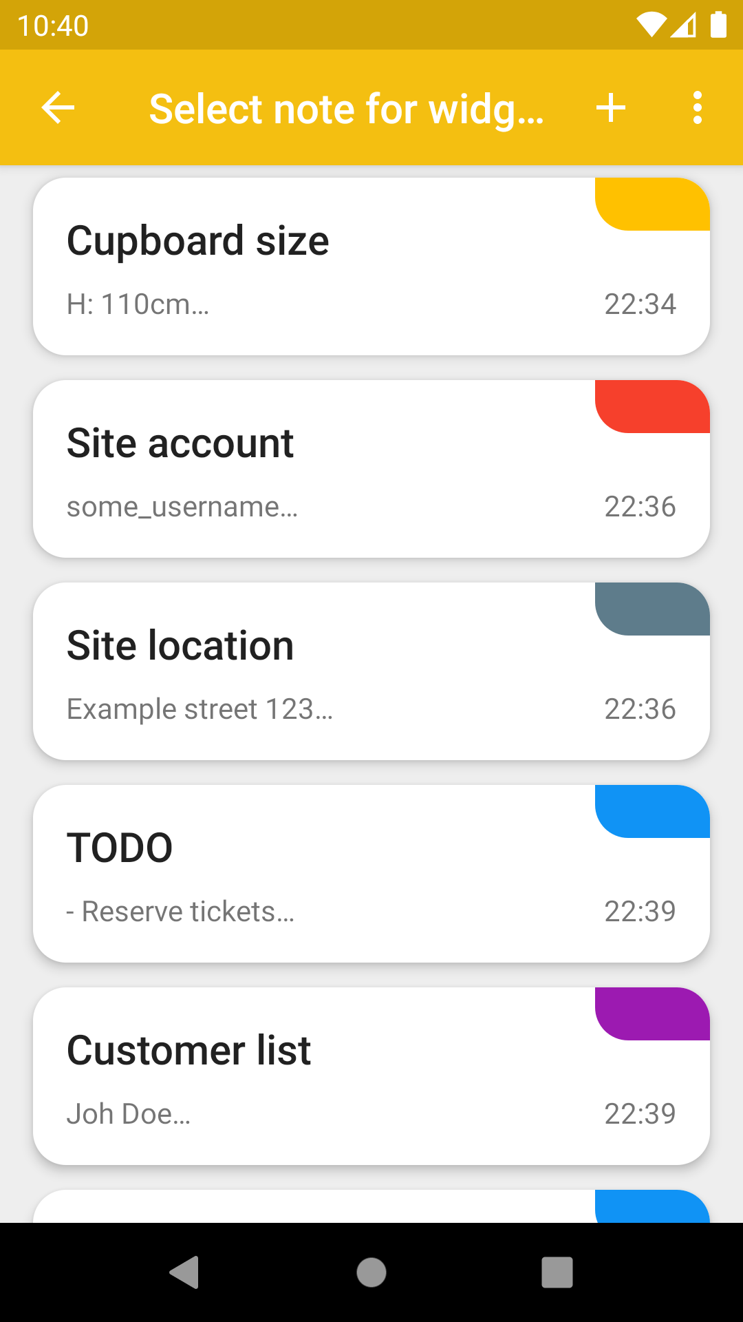 Choosing a note from list of saved notes